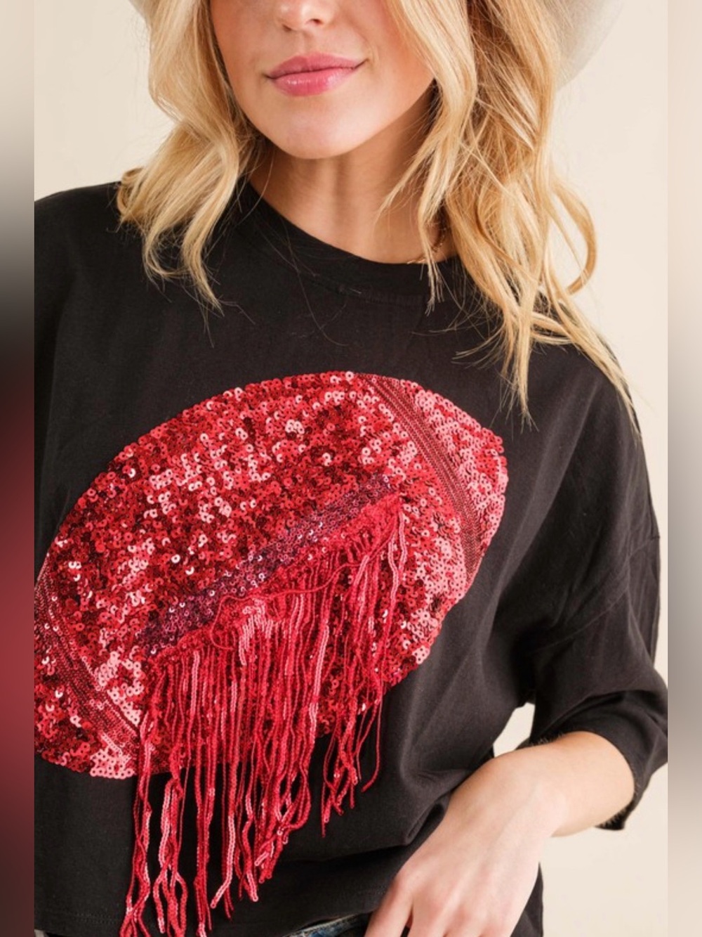 NWT Black Cropped Tee with Red Sequin Fringe Football Design Large Blue b - Picture 3 of 5